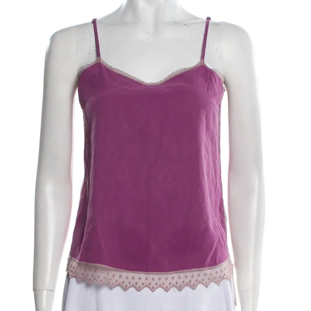 Zadig & Voltaire Silk Tank in Purple with Polka Dot Lace Trim